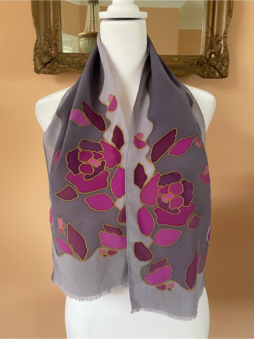 Vintage Abstract Floral Gray Poly Fringed Signed Kriska Scarf  8 1/2” x 44”